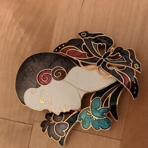 Vintage Art Deco Lady with Butterfly Brooch Cloisonne